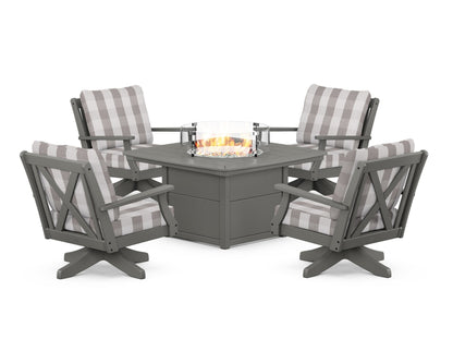 POLYWOOD® Braxton 5-Piece Deep Seating Swivel Conversation Set with Fire Pit Table in Slate Grey / Buffalo Plaid Grey Mist