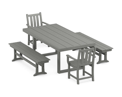 POLYWOOD® Traditional Garden 5-Piece Dining Set with Benches in Slate Grey
