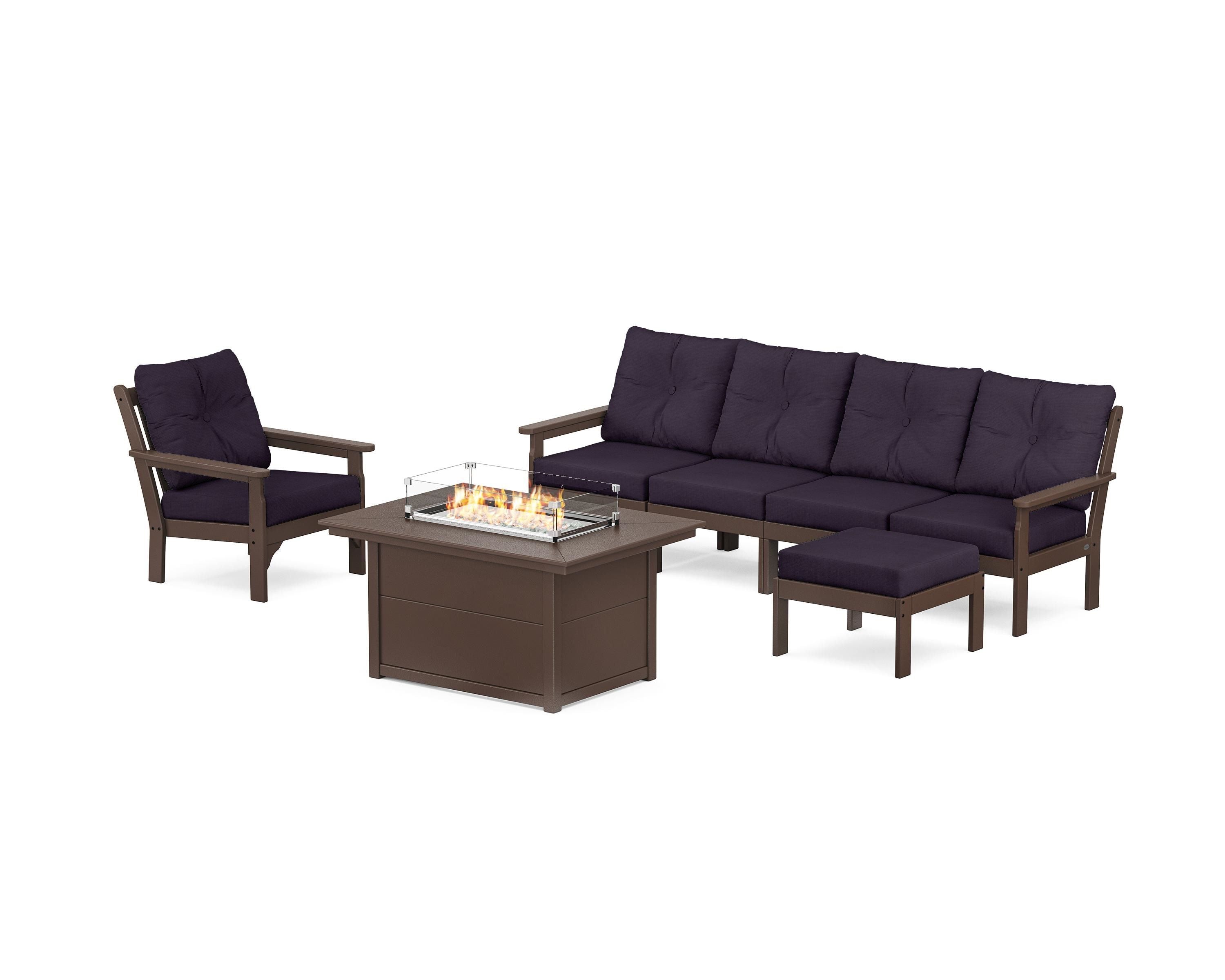 POLYWOOD® Vineyard Sectional Lounge and Fire Pit Set in Mahogany / Navy Linen