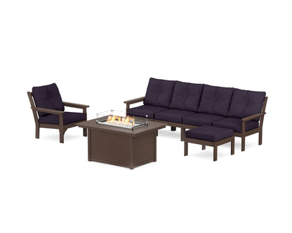 POLYWOOD® Vineyard Sectional Lounge and Fire Pit Set in Mahogany / Navy Linen