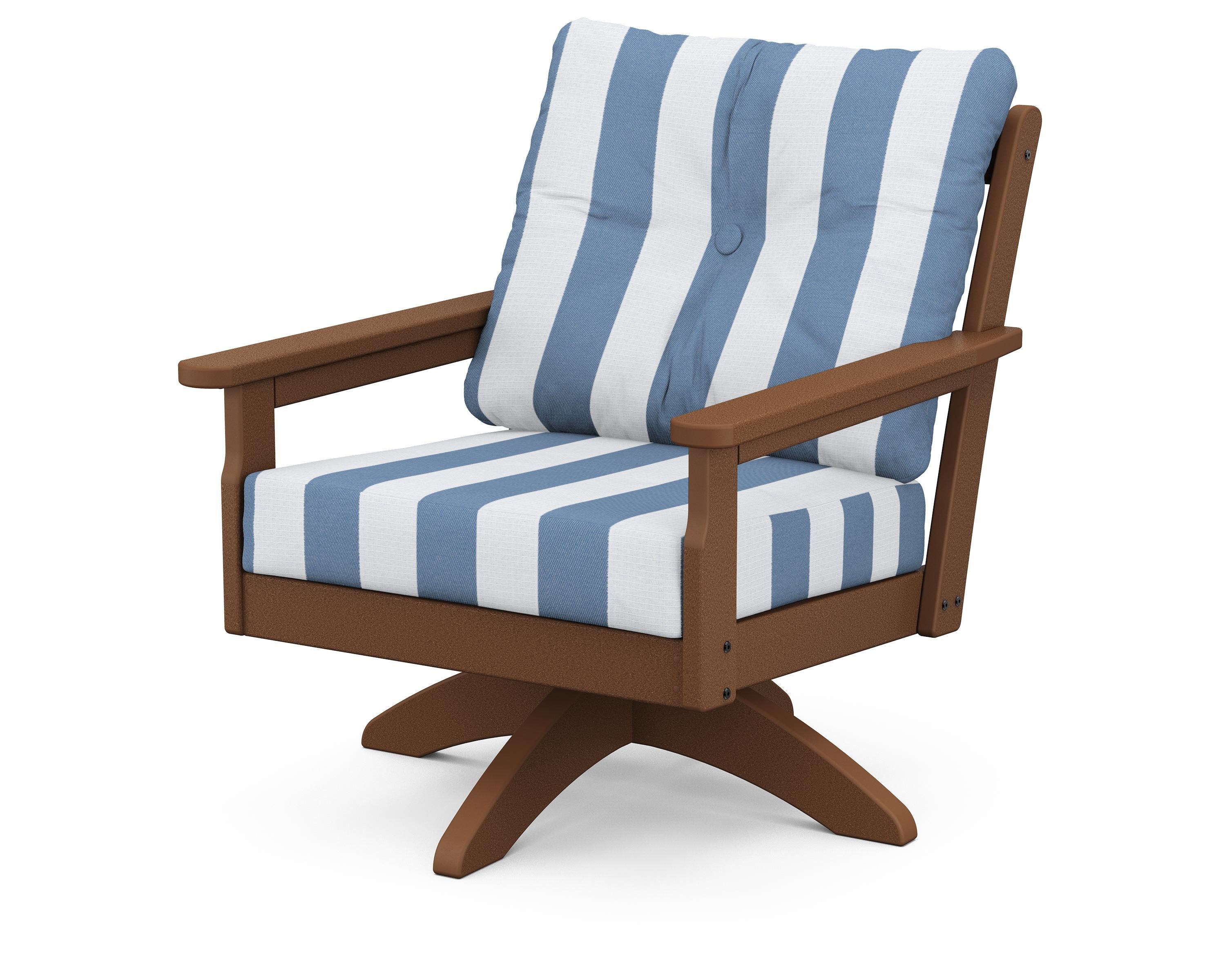 POLYWOOD® Vineyard Deep Seating Swivel Chair in Teak / Cabana Stripe Sky Blue