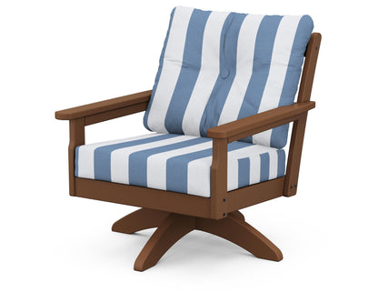 POLYWOOD® Vineyard Deep Seating Swivel Chair in Teak / Cabana Stripe Sky Blue