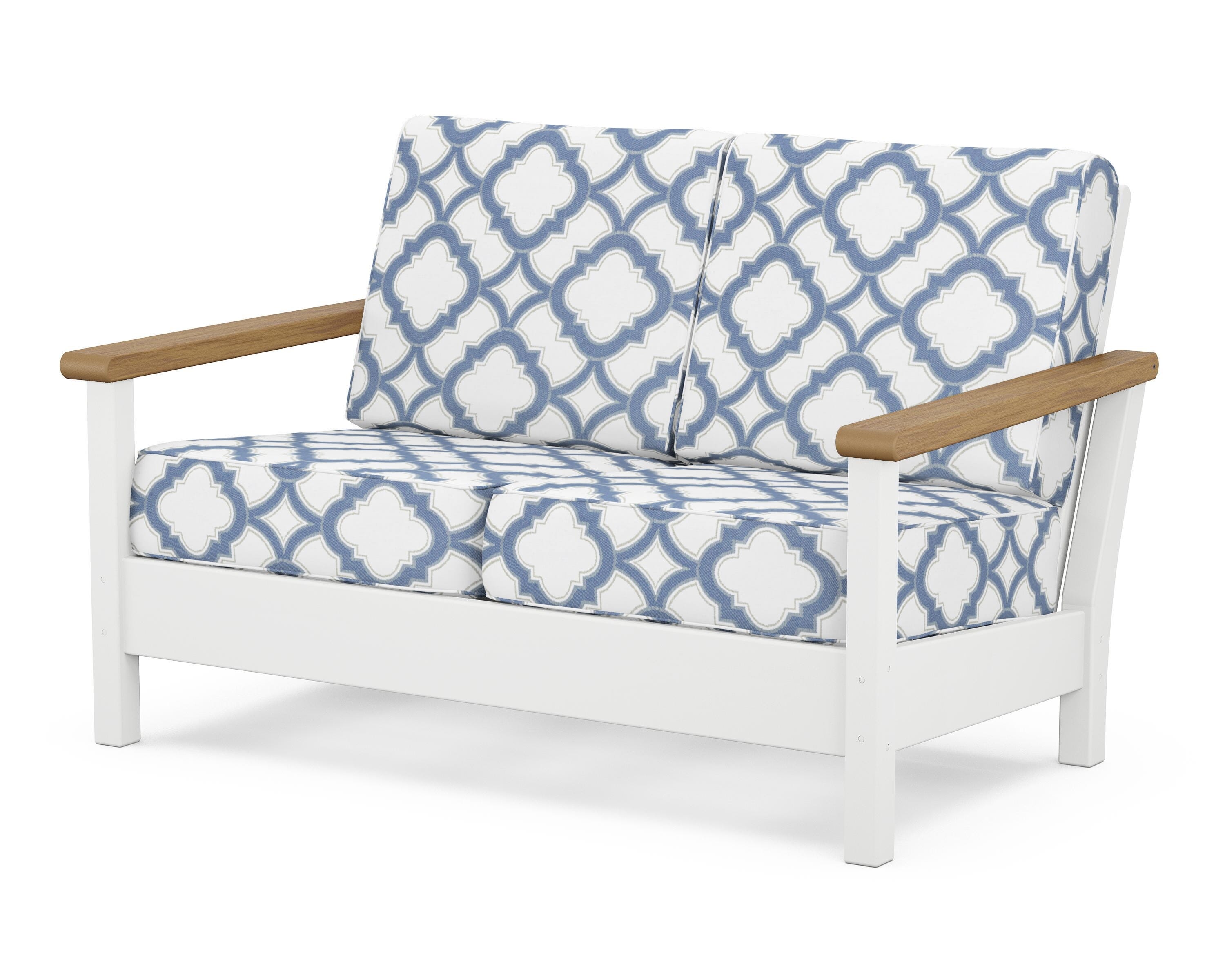 POLYWOOD® Harbour Deep Seating Loveseat in White / Natural / Trellis Sky Blue