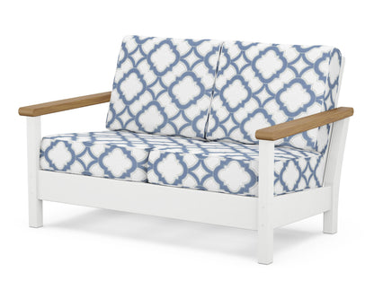 POLYWOOD® Harbour Deep Seating Loveseat in White / Natural / Trellis Sky Blue