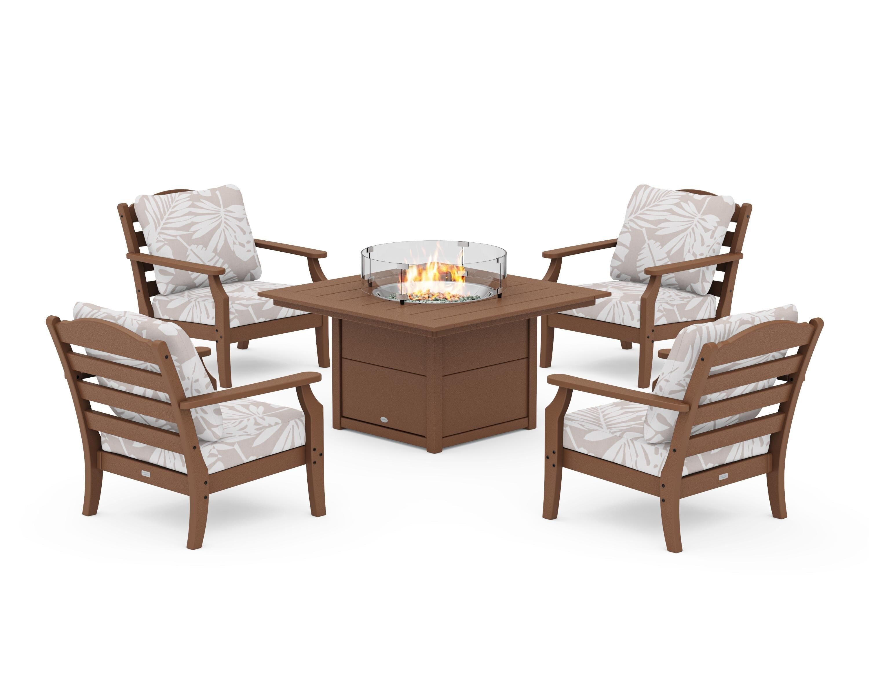 Draper James™ by  POLYWOOD® Savannah 5-Piece Deep Seating Set with Fire Pit Table in Teak / Leaf Dune Burlap