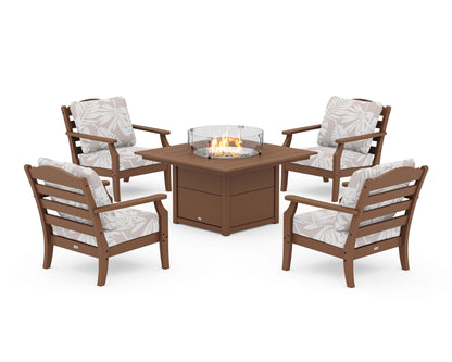 Draper James™ by  POLYWOOD® Savannah 5-Piece Deep Seating Set with Fire Pit Table in Teak / Leaf Dune Burlap