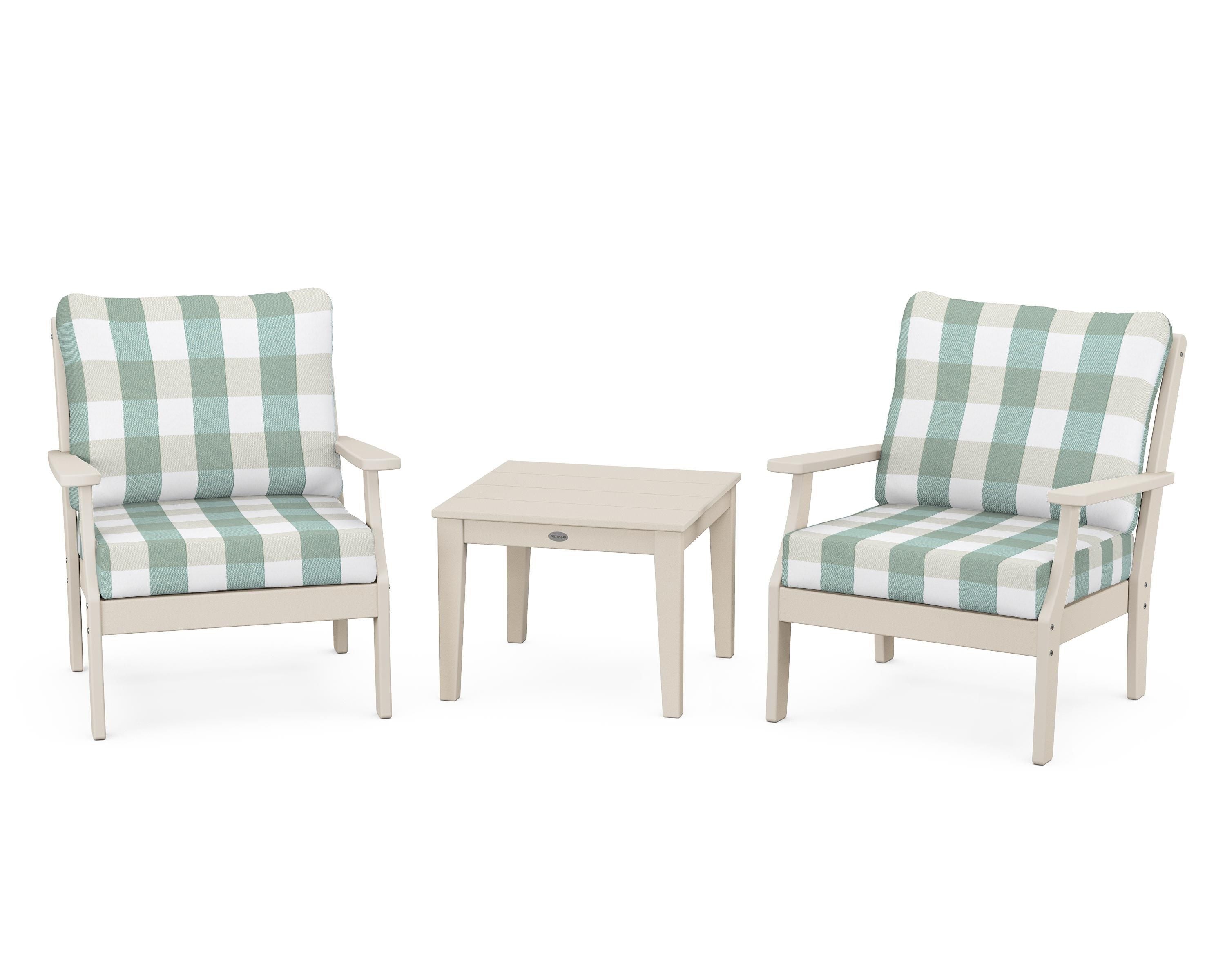 POLYWOOD® Braxton 3-Piece Deep Seating Set in Sand / Buffalo Plaid Glacier Spa