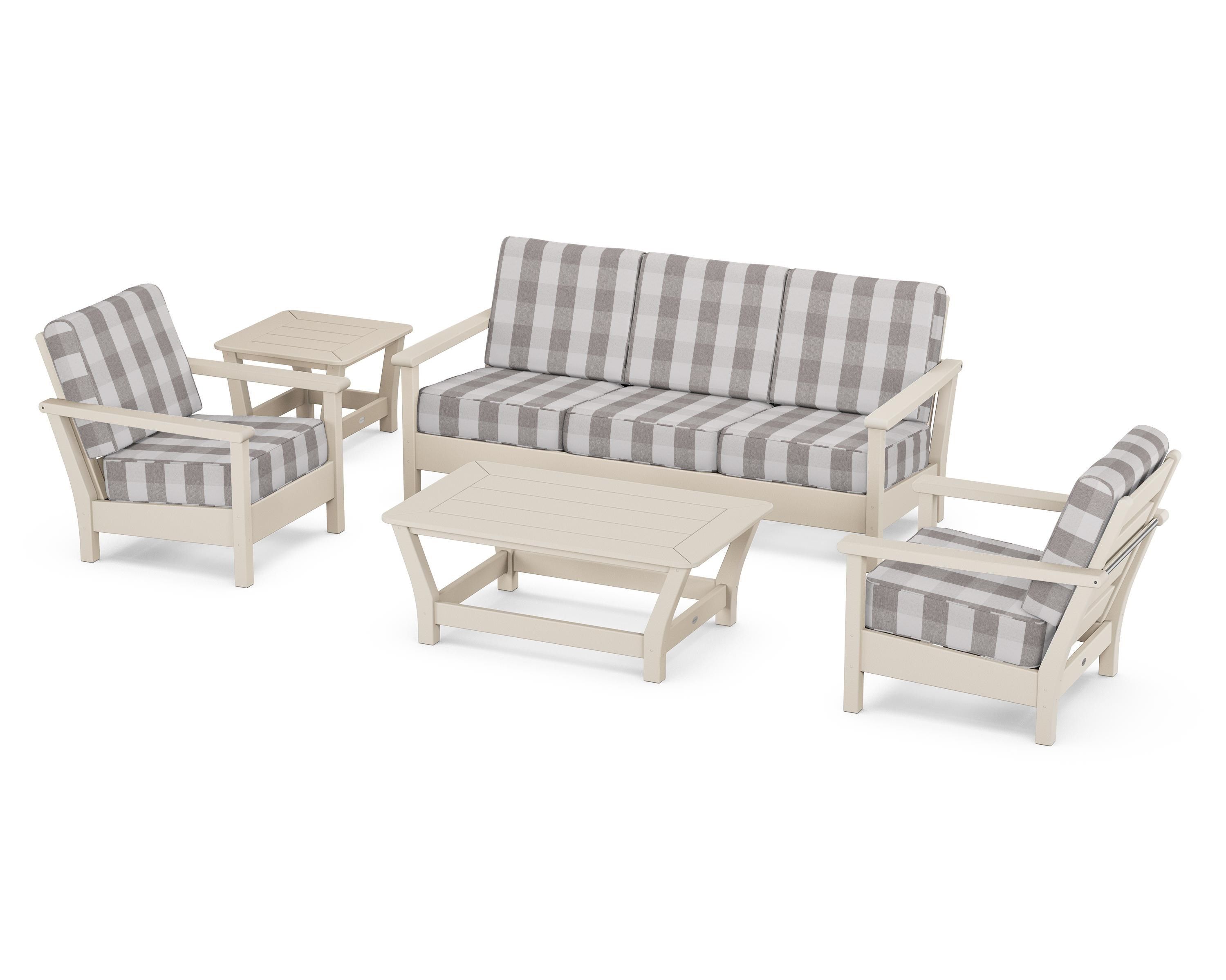 POLYWOOD® Harbour 5-Piece Deep Seating Set in Sand / Buffalo Plaid Grey Mist