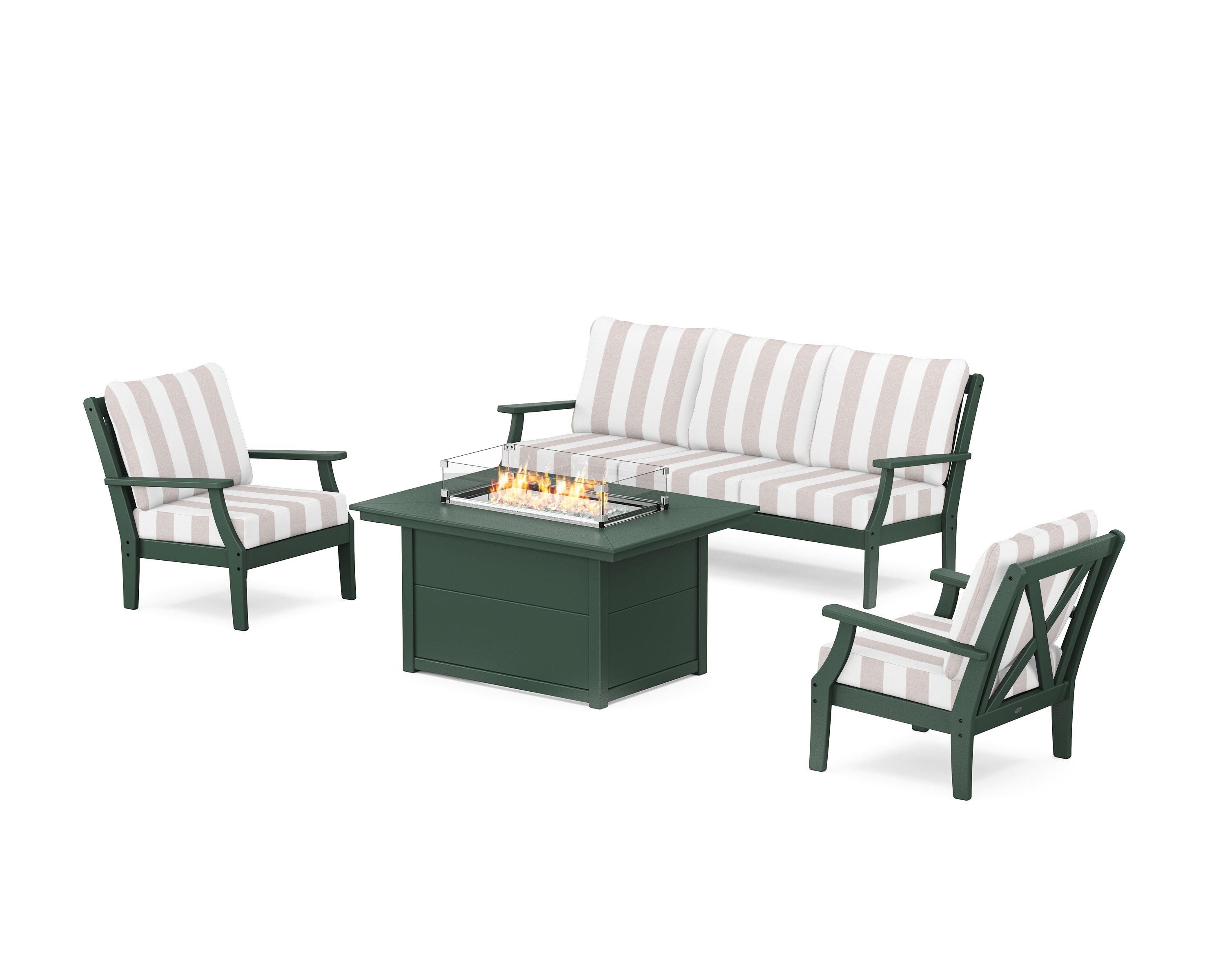 POLYWOOD® Braxton Deep Seating Fire Pit Table Set in Green / Cabana Stripe Dune Burlap