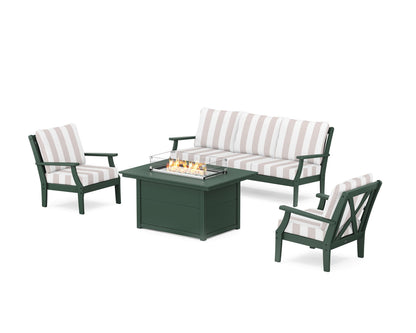 POLYWOOD® Braxton Deep Seating Fire Pit Table Set in Green / Cabana Stripe Dune Burlap