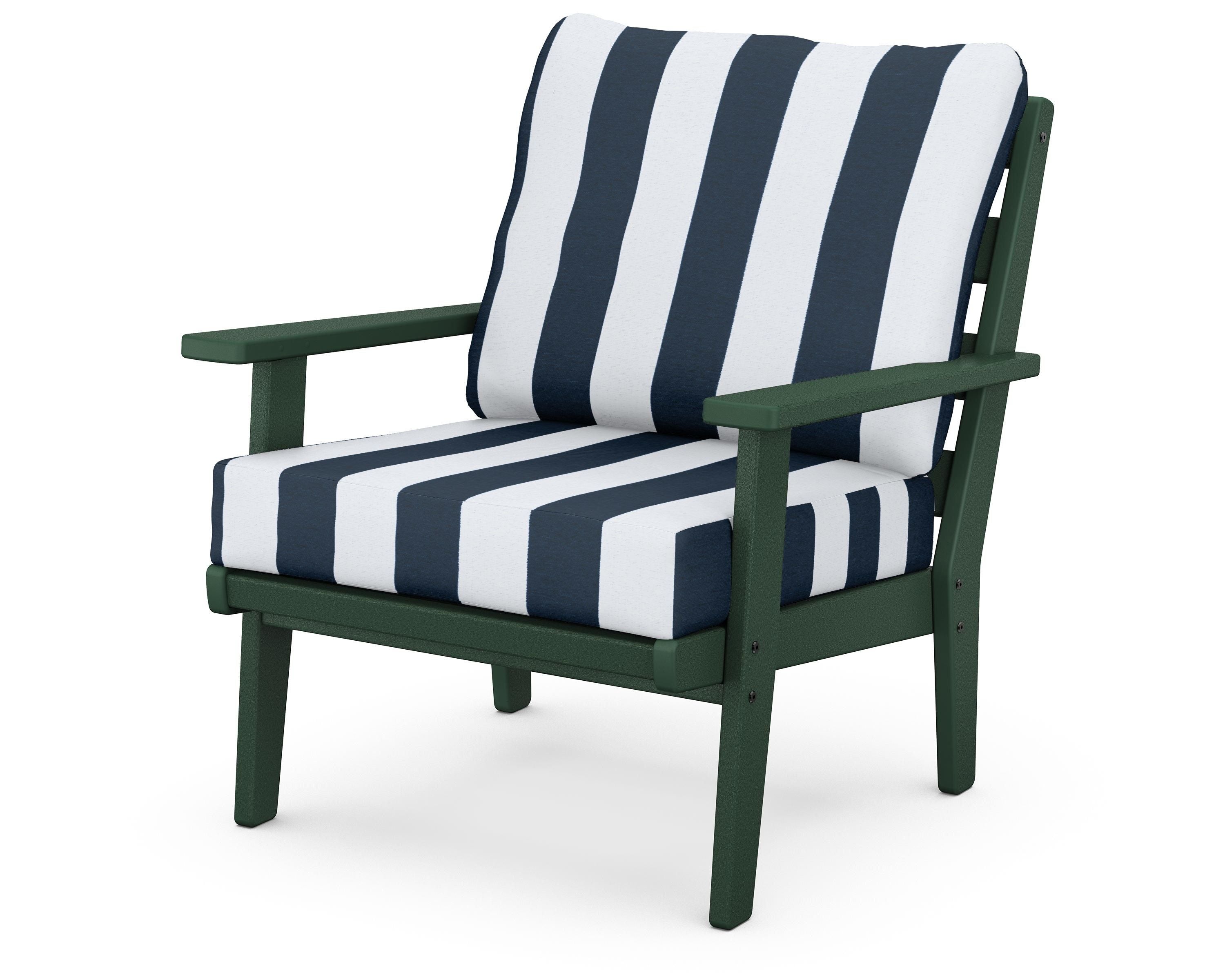 POLYWOOD® Grant Park Deep Seating Chair in Green / Cabana Stripe Marine Indigo