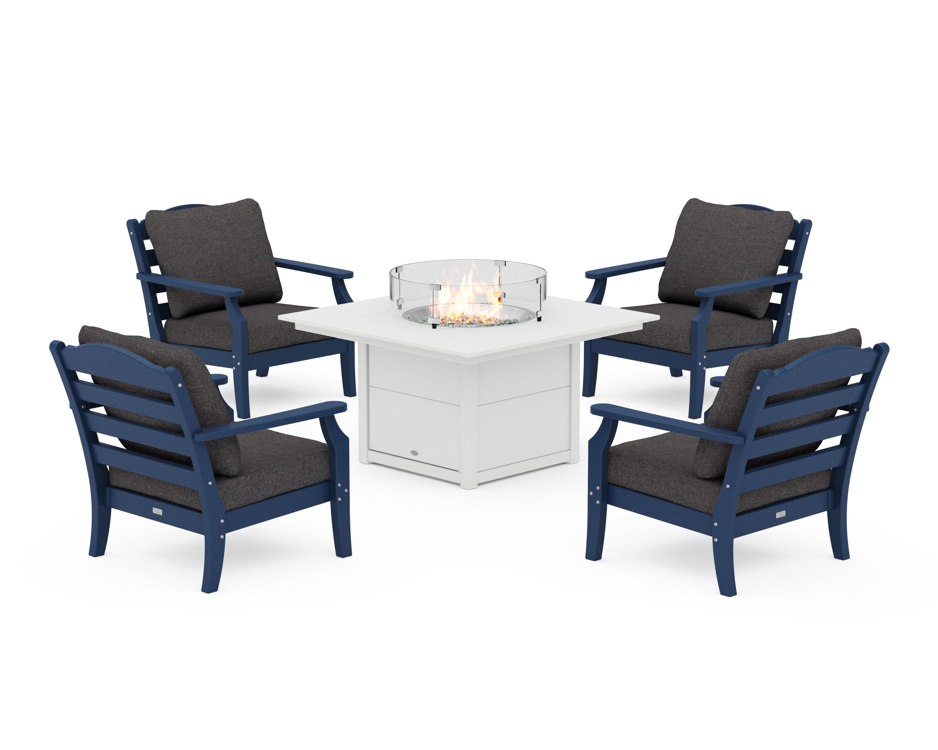Draper James™ by  POLYWOOD® Savannah 5-Piece Deep Seating Set with Fire Pit Table in Navy / Ash Charcoal