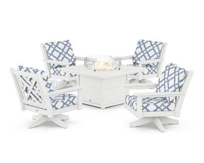 POLYWOOD® Chippendale 5-Piece Deep Seating Swivel Conversation Set with Fire Pit Table in White / Trellis Sky Blue