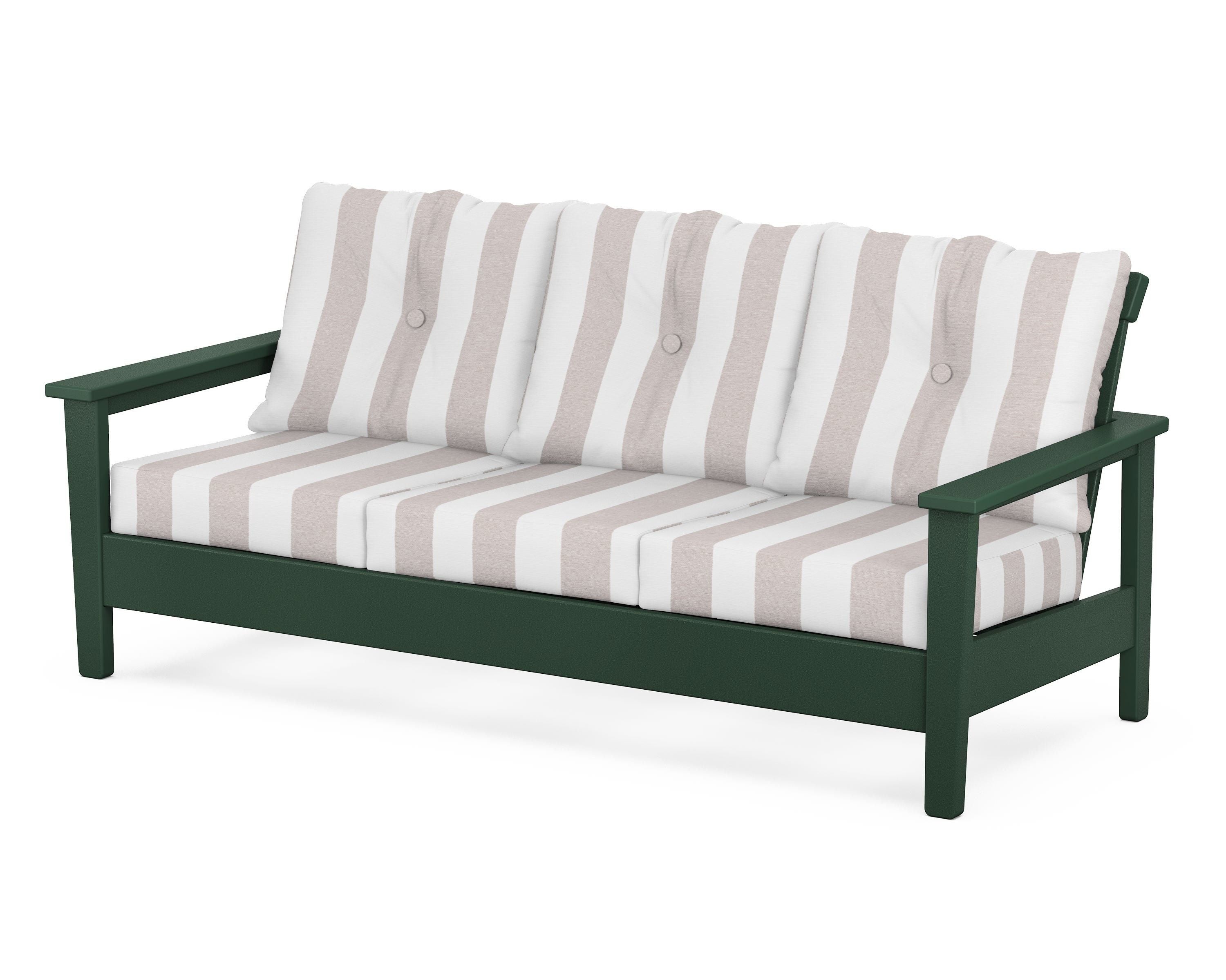 POLYWOOD® Prescott Deep Seating Sofa in Green / Cabana Stripe Dune Burlap