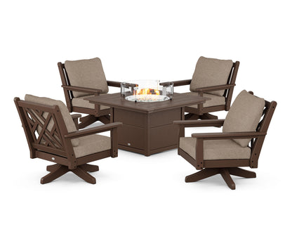 POLYWOOD® Chippendale 5-Piece Deep Seating Swivel Conversation Set with Fire Pit Table in Mahogany / Spiced Burlap