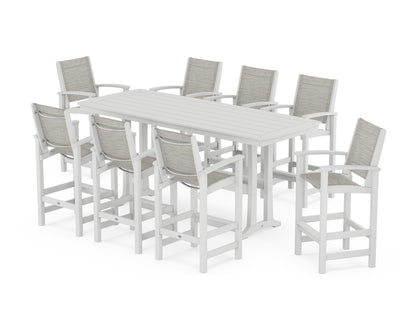 POLYWOOD® Coastal 9-Piece Bar Set with Trestle Legs in White / Birch Sling