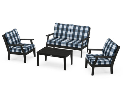 POLYWOOD® Braxton 4-Piece Deep Seating Chair Set in Black / Buffalo Plaid Marine Indigo