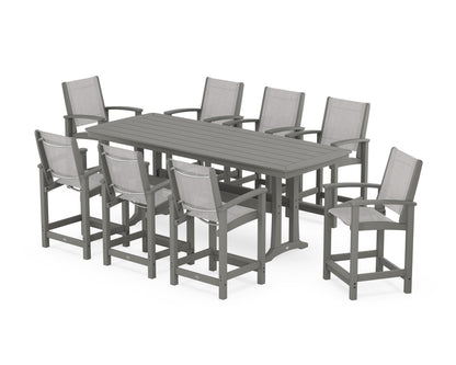 POLYWOOD® Coastal 9-Piece Counter Set with Trestle Legs in Slate Grey / Parchment Sling