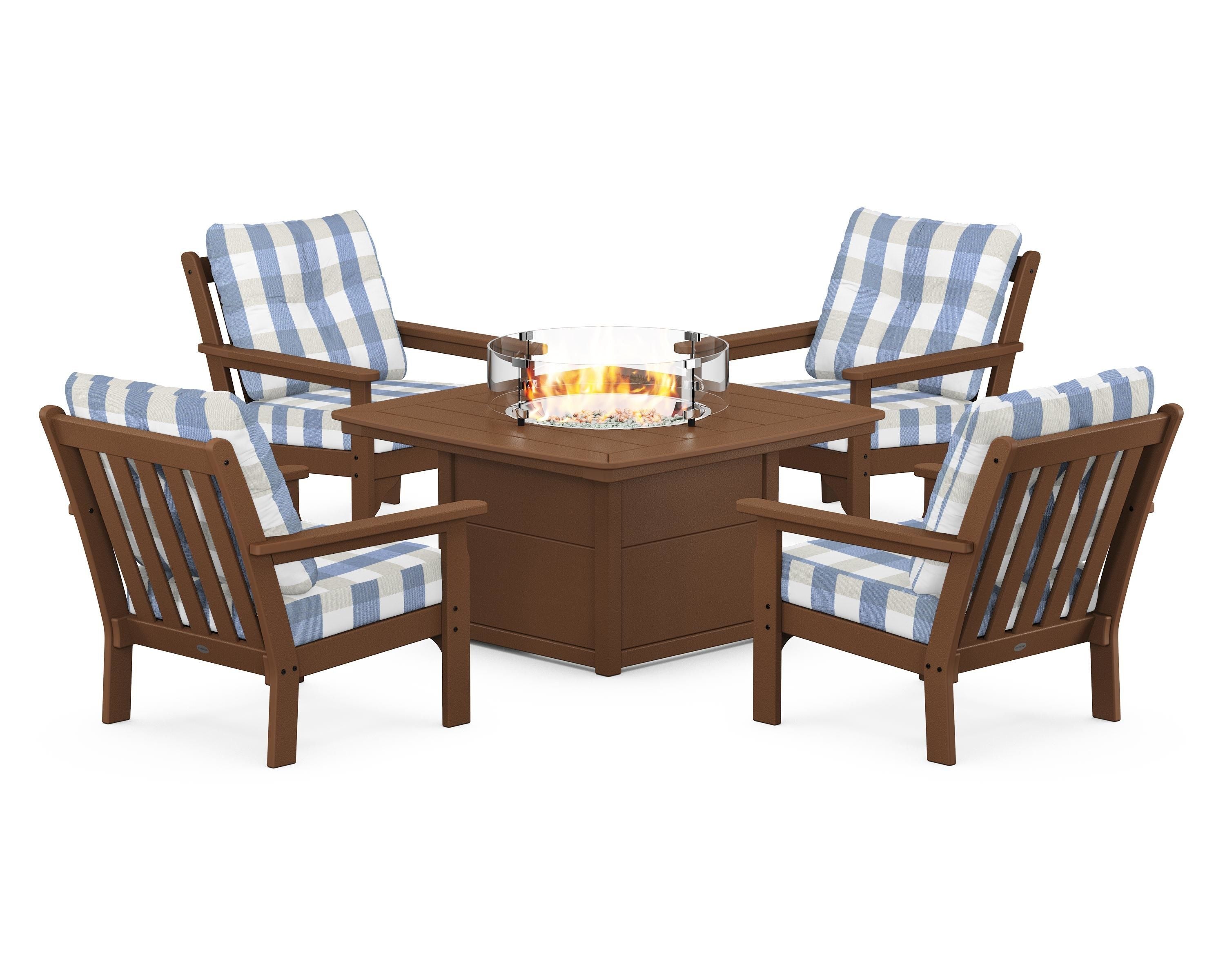 POLYWOOD® Vineyard 5-Piece Conversation Set with Fire Pit Table in Teak / Buffalo Plaid Sky Blue