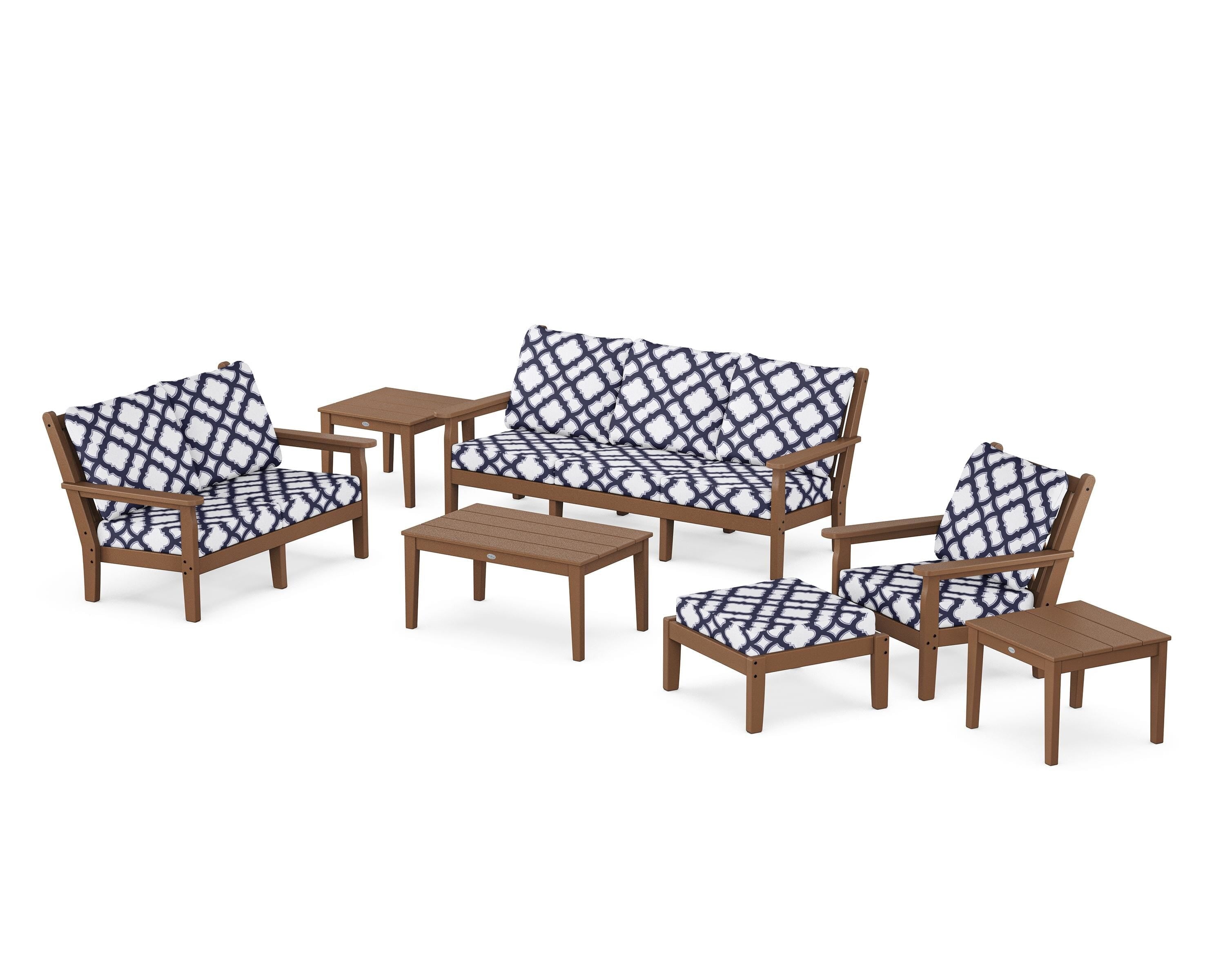POLYWOOD® Chippendale 7-Piece Deep Seating Set in Teak / Trellis Navy