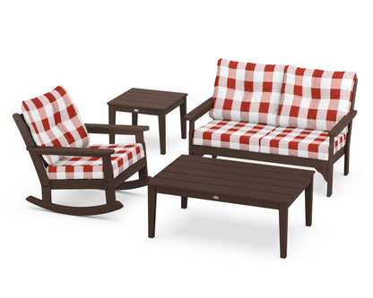 POLYWOOD® Vineyard 4-Piece Deep Seating Rocker Set in Mahogany / Buffalo Plaid Crimson