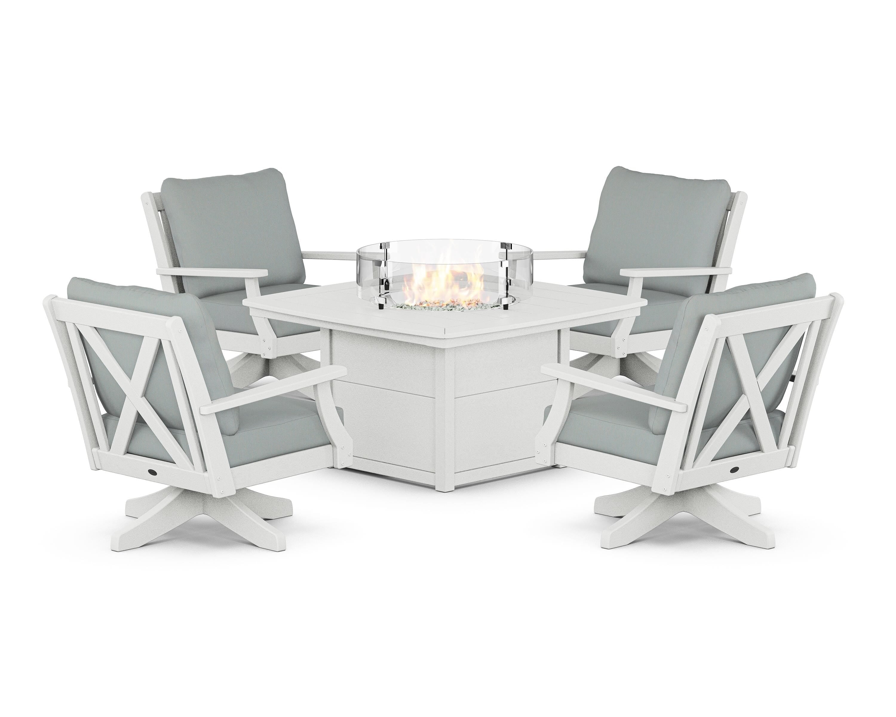 POLYWOOD® Braxton 5-Piece Deep Seating Swivel Conversation Set with Fire Pit Table in Vintage White / Spa