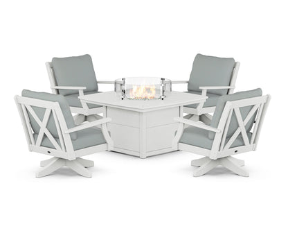 POLYWOOD® Braxton 5-Piece Deep Seating Swivel Conversation Set with Fire Pit Table in Vintage White / Spa
