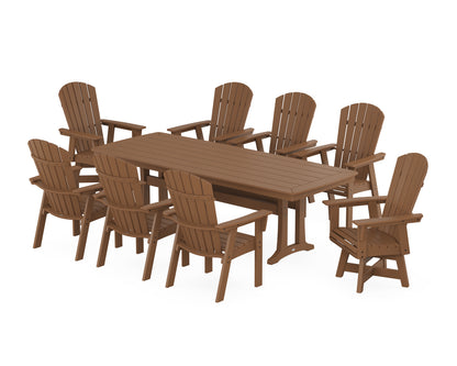 POLYWOOD® Nautical Curveback Adirondack Swivel 9-Piece Dining Set with Trestle Legs in Teak