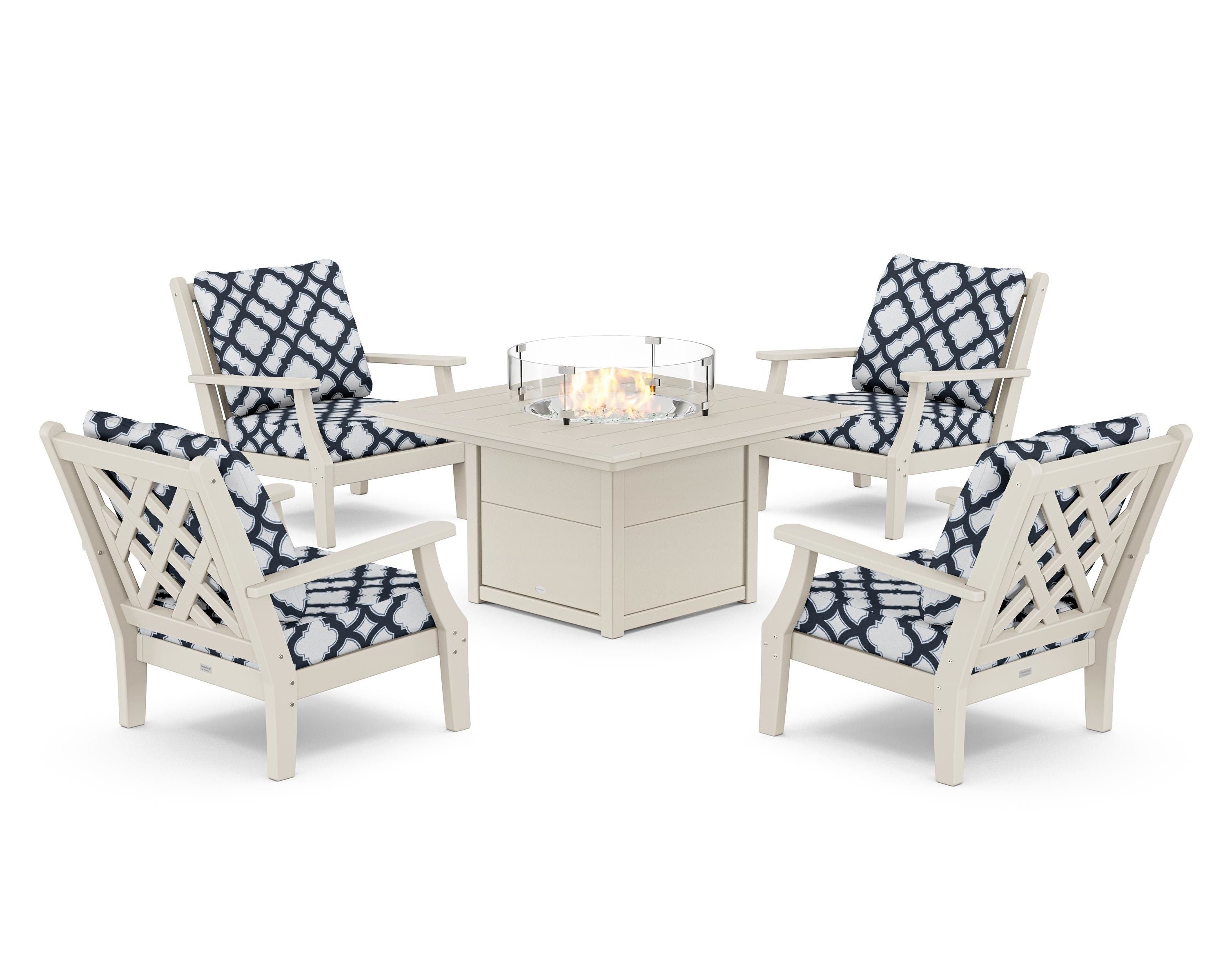 Country Living Wovendale 5-Piece Deep Seating Set with Fire Pit Table in Sand / Trellis Marine Indigo