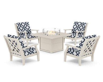 Country Living Wovendale 5-Piece Deep Seating Set with Fire Pit Table in Sand / Trellis Marine Indigo