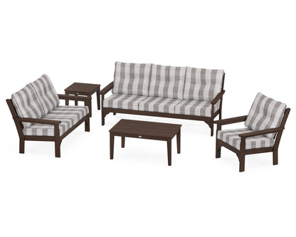 POLYWOOD® Vineyard 5 Piece Deep Seating Set in Mahogany / Buffalo Plaid Grey Mist