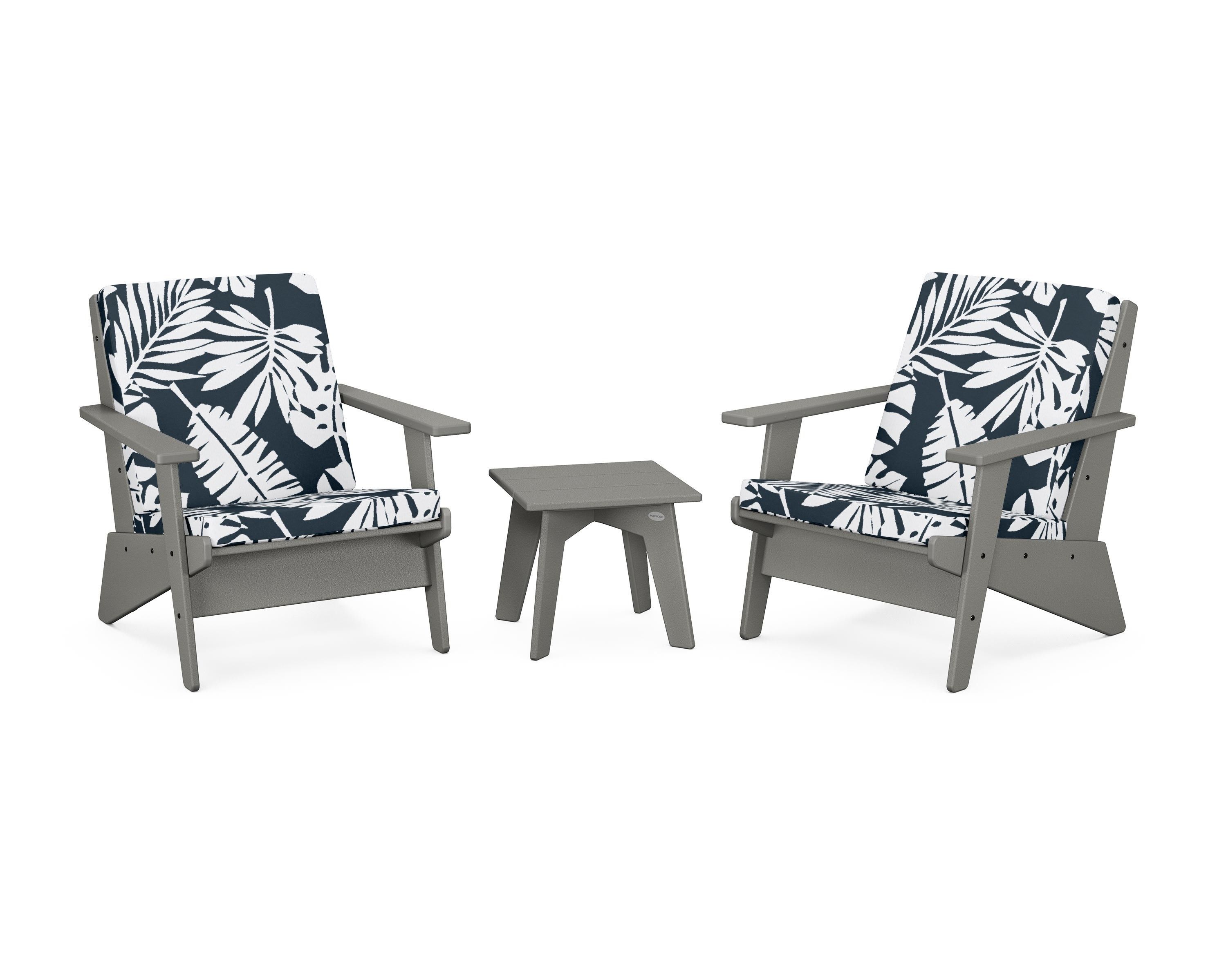 POLYWOOD® Riviera Modern Lounge 3-Piece Set in Slate Grey / Leaf Marine Indigo