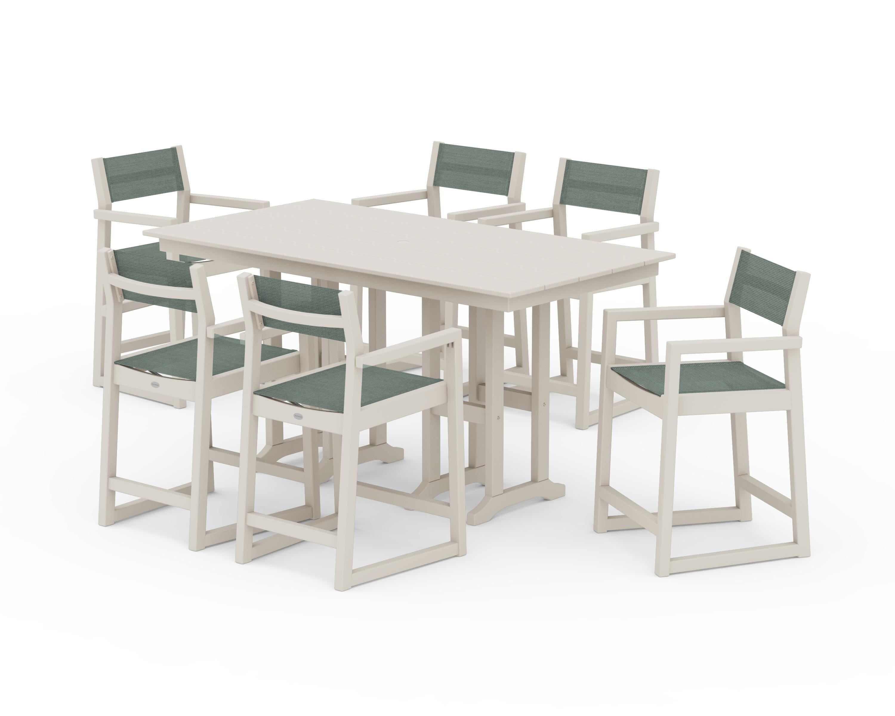 POLYWOOD® EDGE Sling Arm Chair 7-Piece Farmhouse Counter Set in Sand / Dupioni Sea Mist Sling