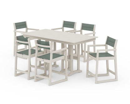 POLYWOOD® EDGE Sling Arm Chair 7-Piece Farmhouse Counter Set in Sand / Dupioni Sea Mist Sling