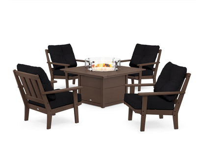 POLYWOOD® Oxford 5-Piece Deep Seating Set with Fire Pit Table in Mahogany / Midnight Linen