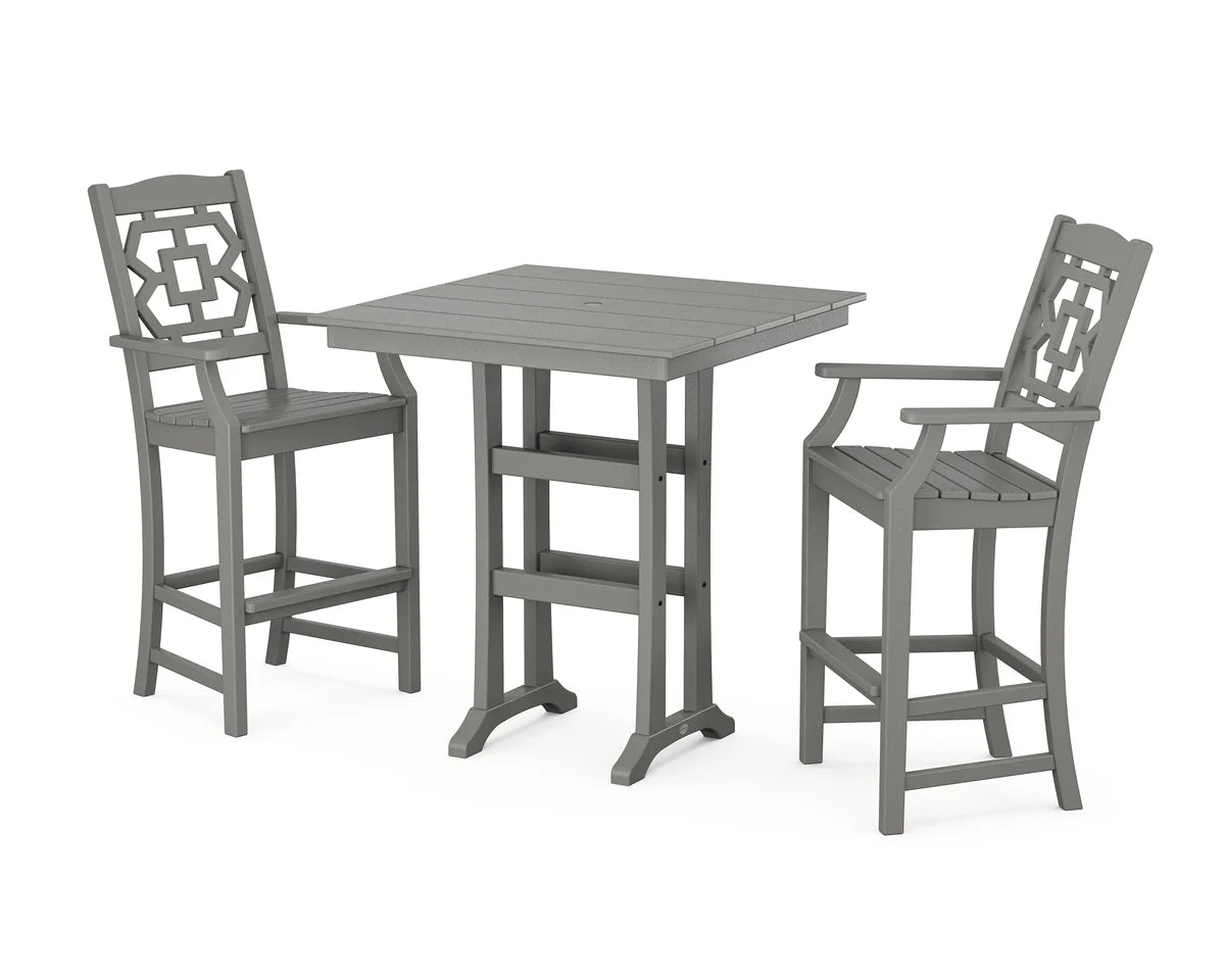Chinoiserie 3-Piece Farmhouse Bar Set with Trestle Legs