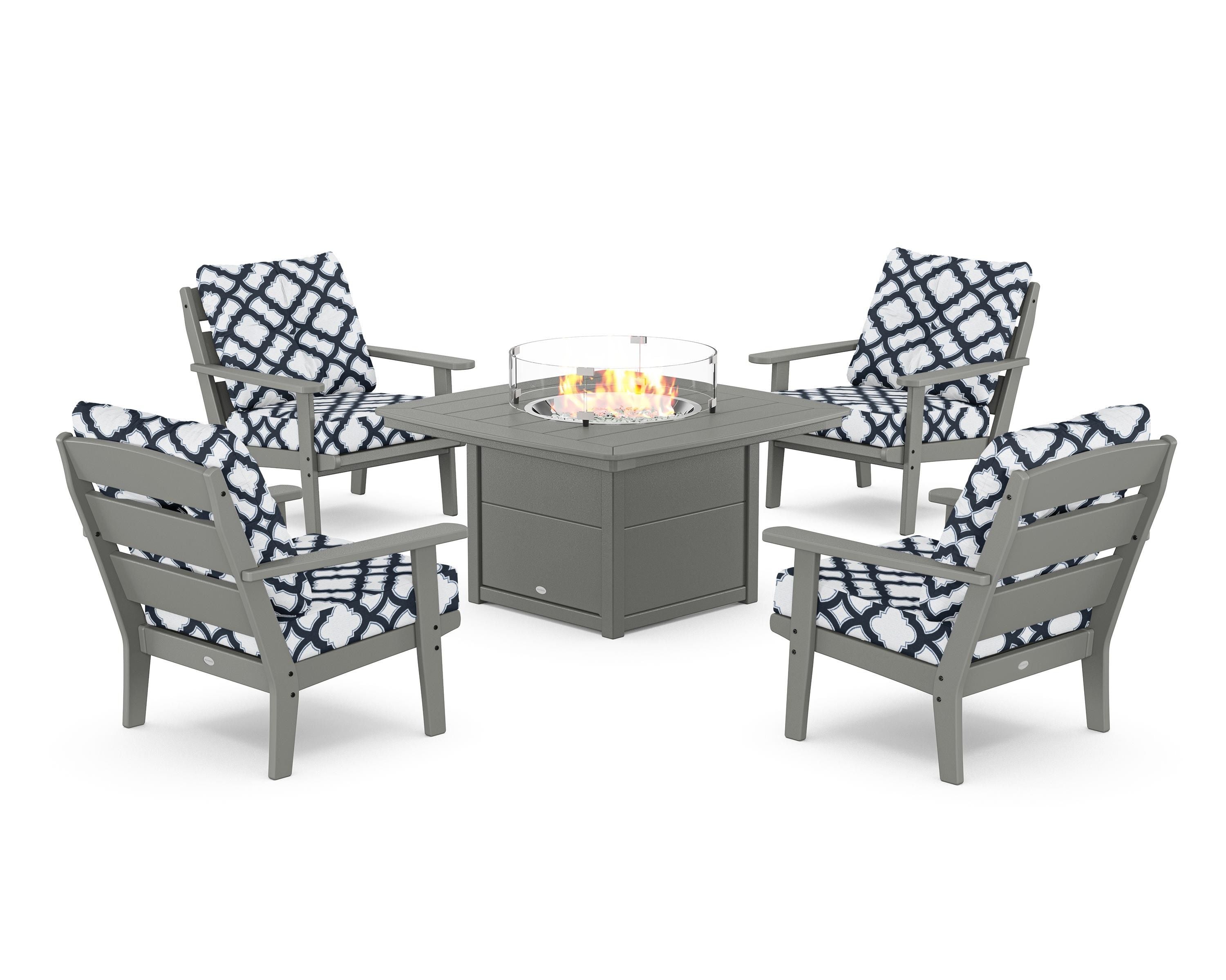 POLYWOOD® Lakeside 5-Piece Deep Seating Set with Nautical Fire Pit Table in Slate Grey / Trellis Marine Indigo