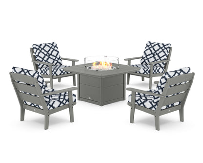 POLYWOOD® Lakeside 5-Piece Deep Seating Set with Nautical Fire Pit Table in Slate Grey / Trellis Marine Indigo