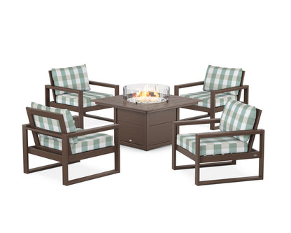 POLYWOOD® EDGE Sectional 5-Piece Deep Seating Set with Fire Pit Table in Mahogany / Buffalo Plaid Glacier Spa