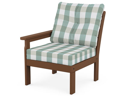 POLYWOOD® Vineyard Modular Left Arm Chair in Teak / Buffalo Plaid Glacier Spa