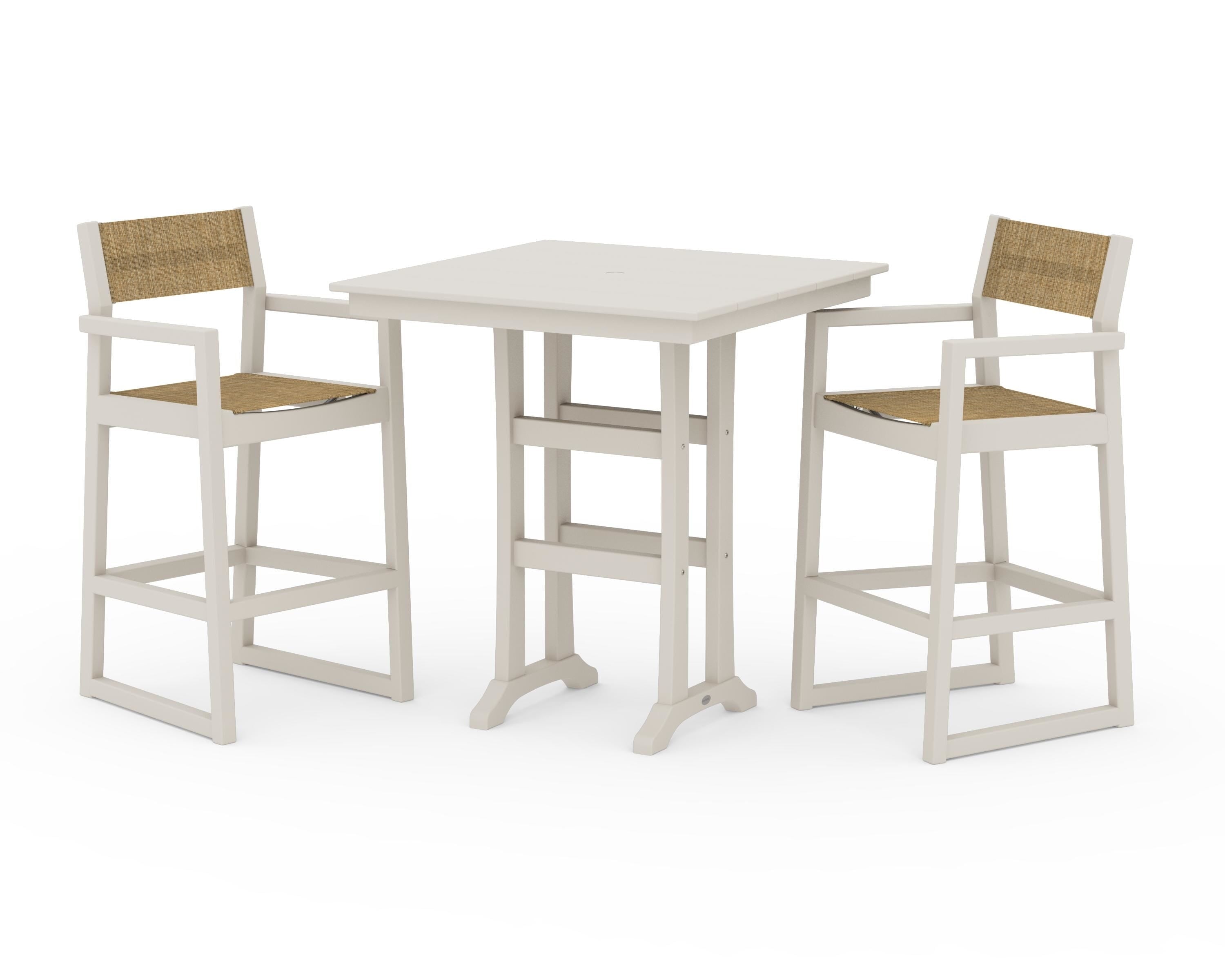 POLYWOOD® EDGE Sling Arm Chair 3-Piece Farmhouse Bar Set with Trestle Legs in Sand / Burlap Sling