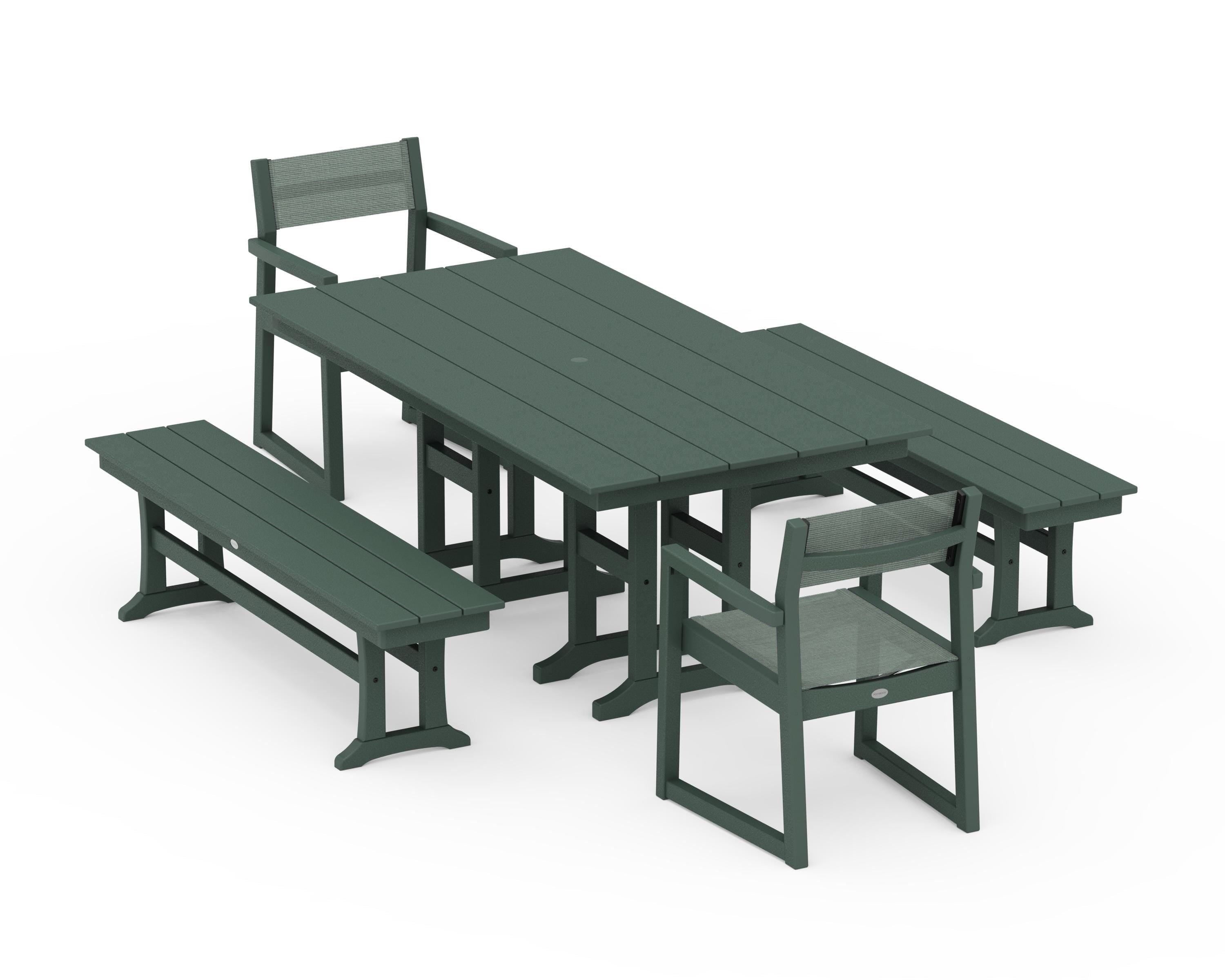 POLYWOOD® EDGE Sling Arm Chair 5-Piece Farmhouse Dining Set with Benches in Green / Dupioni Sea Mist Sling