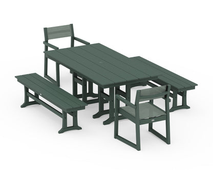 POLYWOOD® EDGE Sling Arm Chair 5-Piece Farmhouse Dining Set with Benches in Green / Dupioni Sea Mist Sling