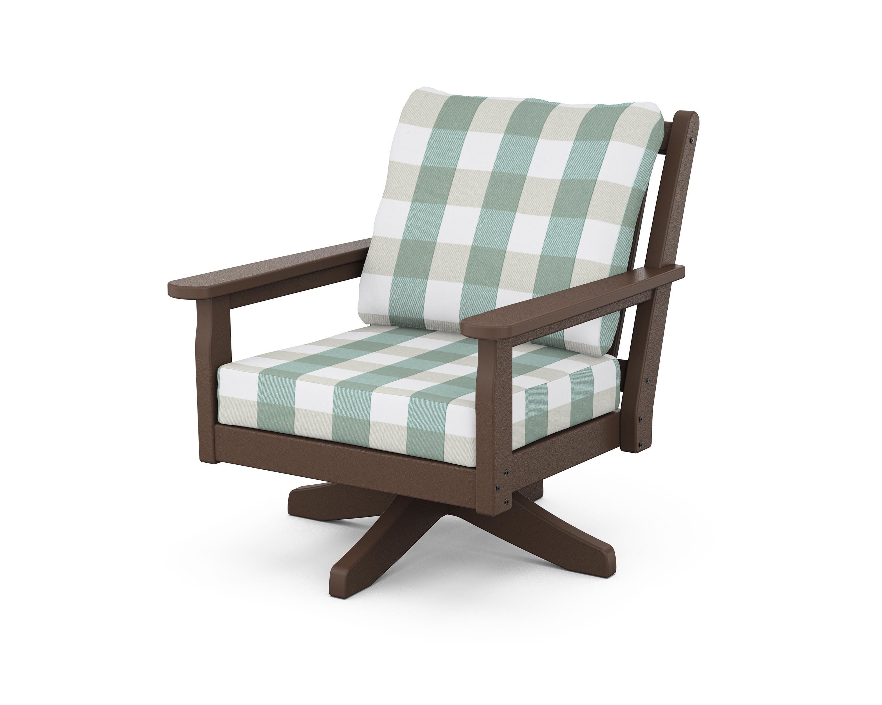 POLYWOOD® Chippendale Deep Seating Swivel Chair in Mahogany / Buffalo Plaid Glacier Spa