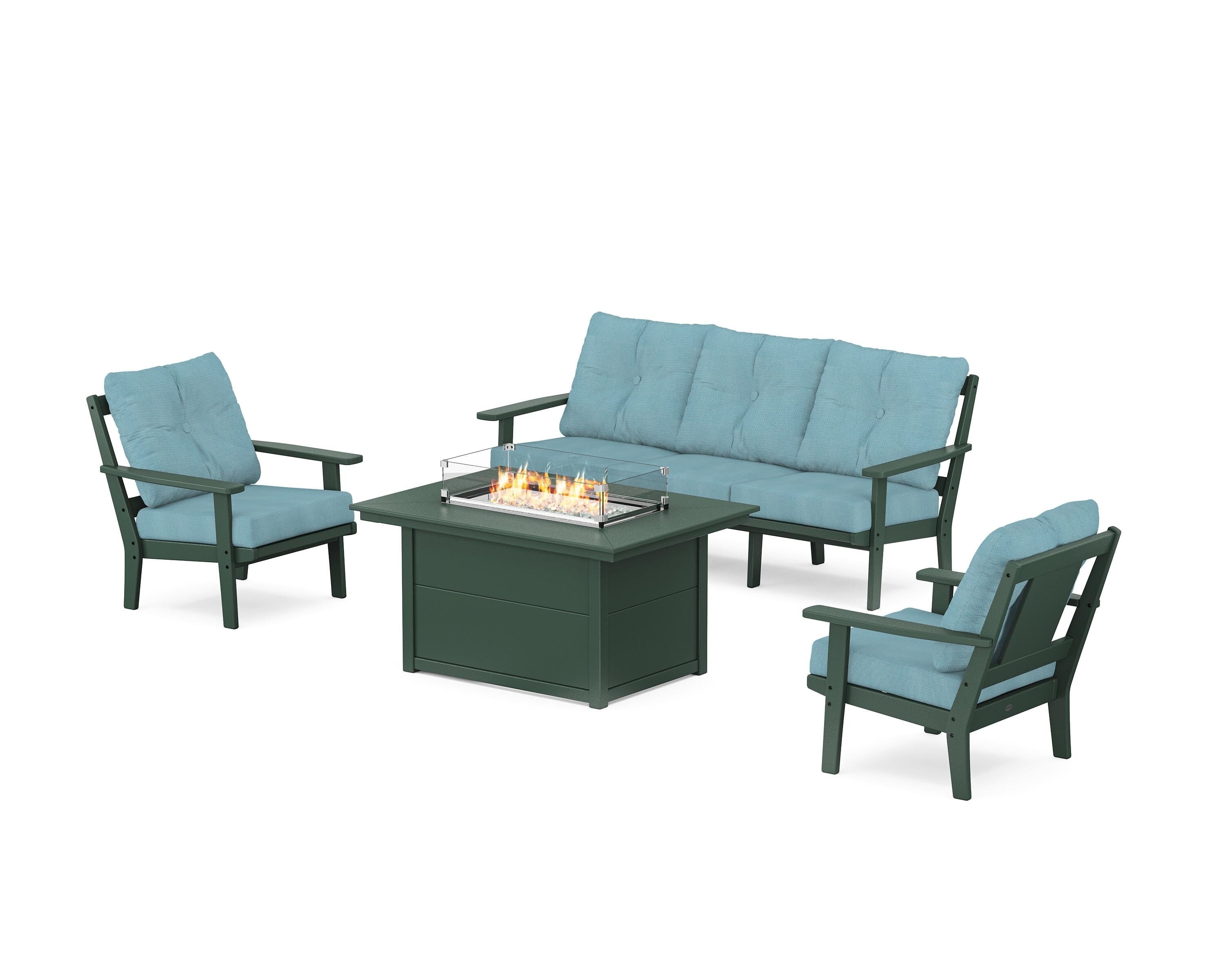 POLYWOOD® Prairie Deep Seating Fire Pit Table Set in Green / Lattice Sky Blue