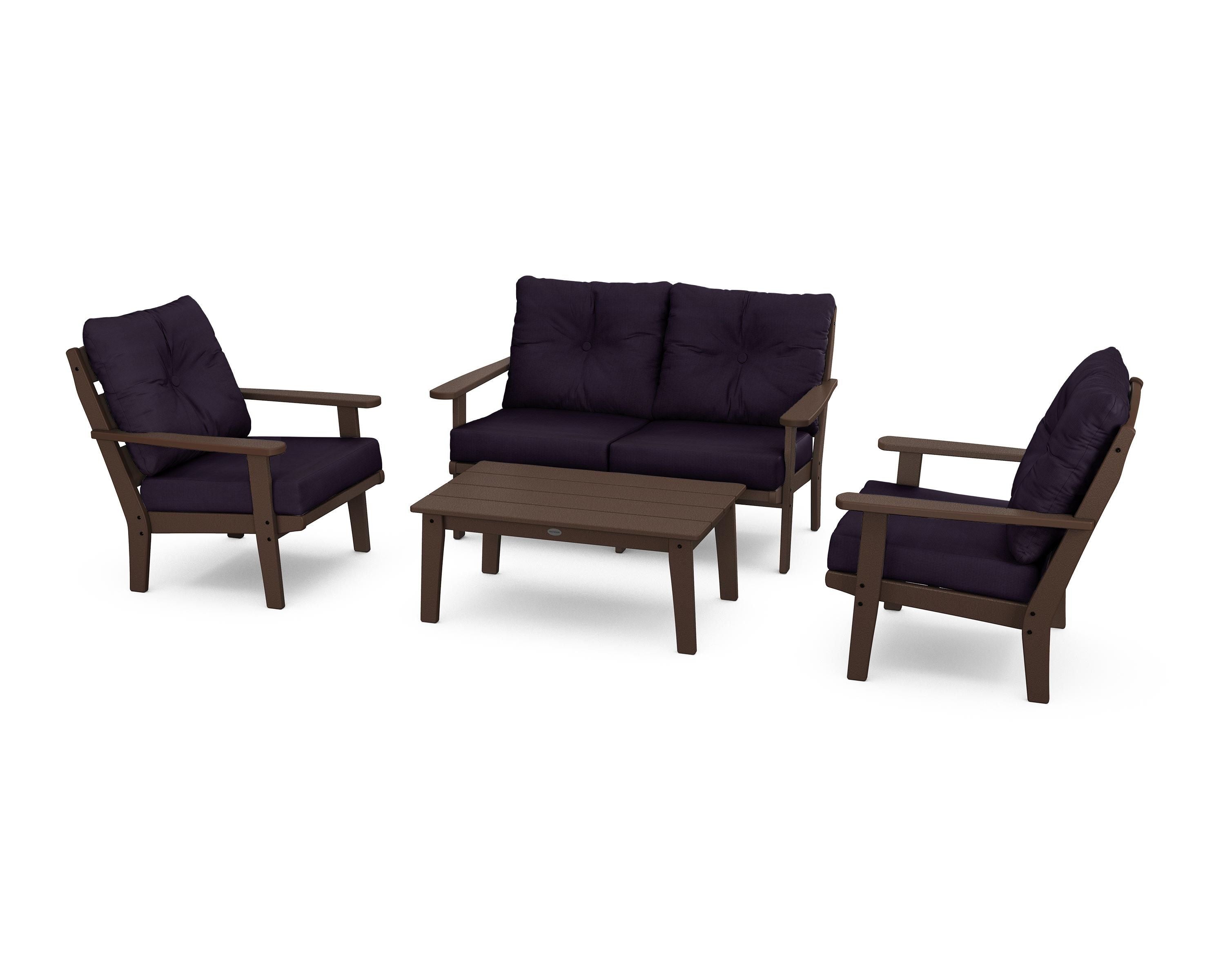 POLYWOOD® Lakeside 4-Piece Deep Seating Set in Mahogany / Navy Linen
