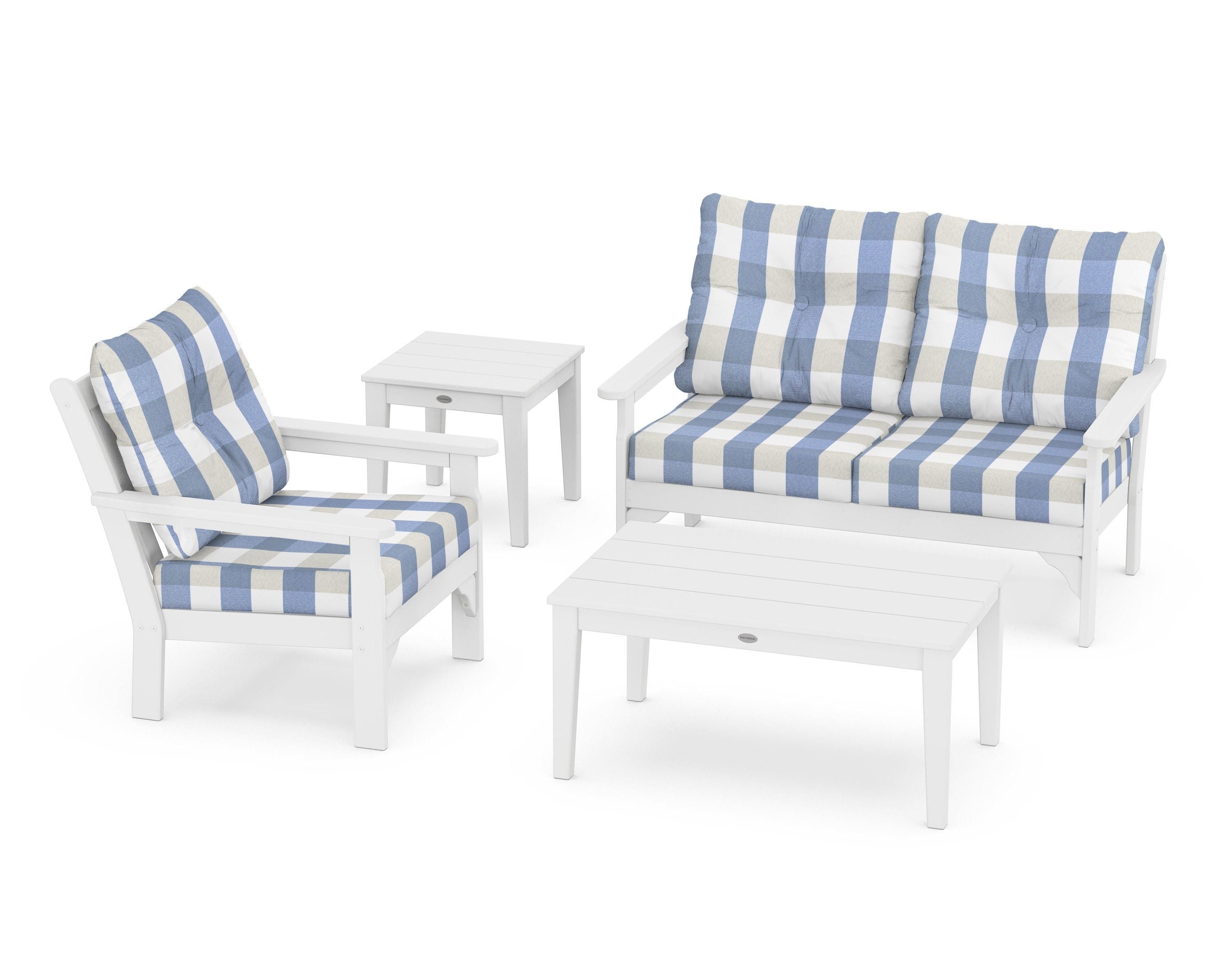 POLYWOOD® Vineyard 4-Piece Deep Seating Set in White / Buffalo Plaid Sky Blue
