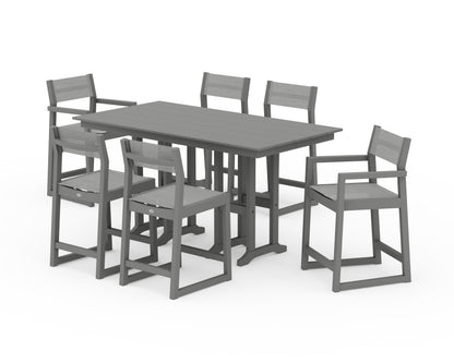 POLYWOOD® EDGE Sling 7-Piece Farmhouse Counter Set with Trestle Legs in Slate Grey / Metallic Sling