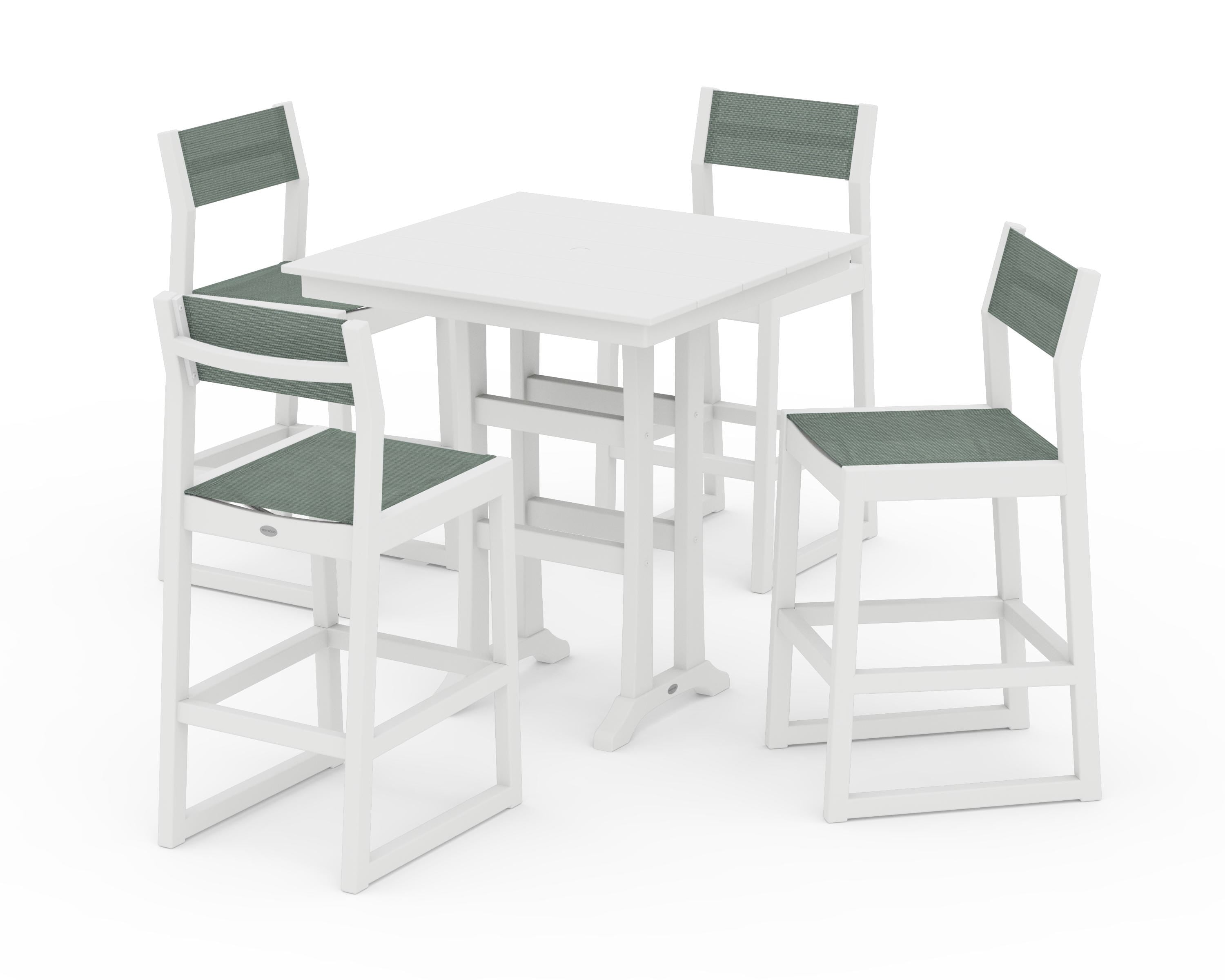 POLYWOOD® EDGE Sling Arm Chair 5-Piece Farmhouse Bar Set with Trestle Legs in White / Dupioni Sea Mist Sling