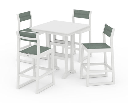 POLYWOOD® EDGE Sling Arm Chair 5-Piece Farmhouse Bar Set with Trestle Legs in White / Dupioni Sea Mist Sling